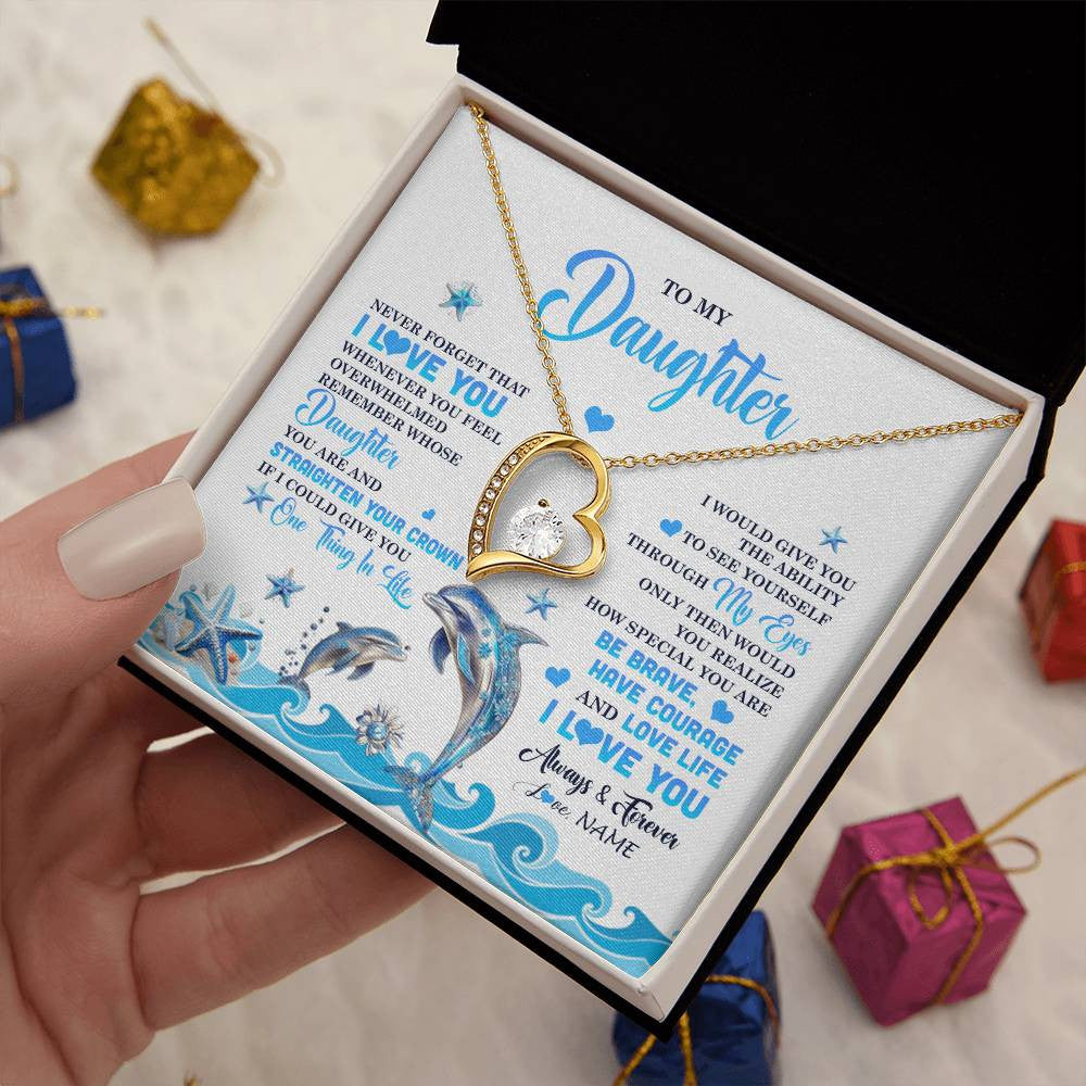 Forever Love Necklace 18K Yellow Gold Finish | 2 | Personalized To My Daughter Necklace From Mom Dad Mother Dophin Never Forget I Love You Daughter Birthday Jewelry Christmas Customized Gift Box Message Card | siriusteestore