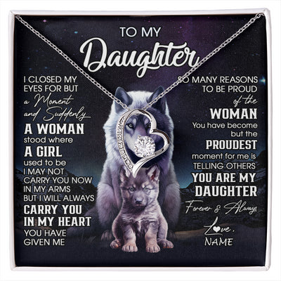 Forever Love Necklace 14K White Gold Finish | 1 | Personalized To My Daughter Necklace From Mom Dad Mother I Close My Eyes Wolf Daughter Birthday Gifts Graduation Christmas Customized Gift Box Message Card | siriusteestore