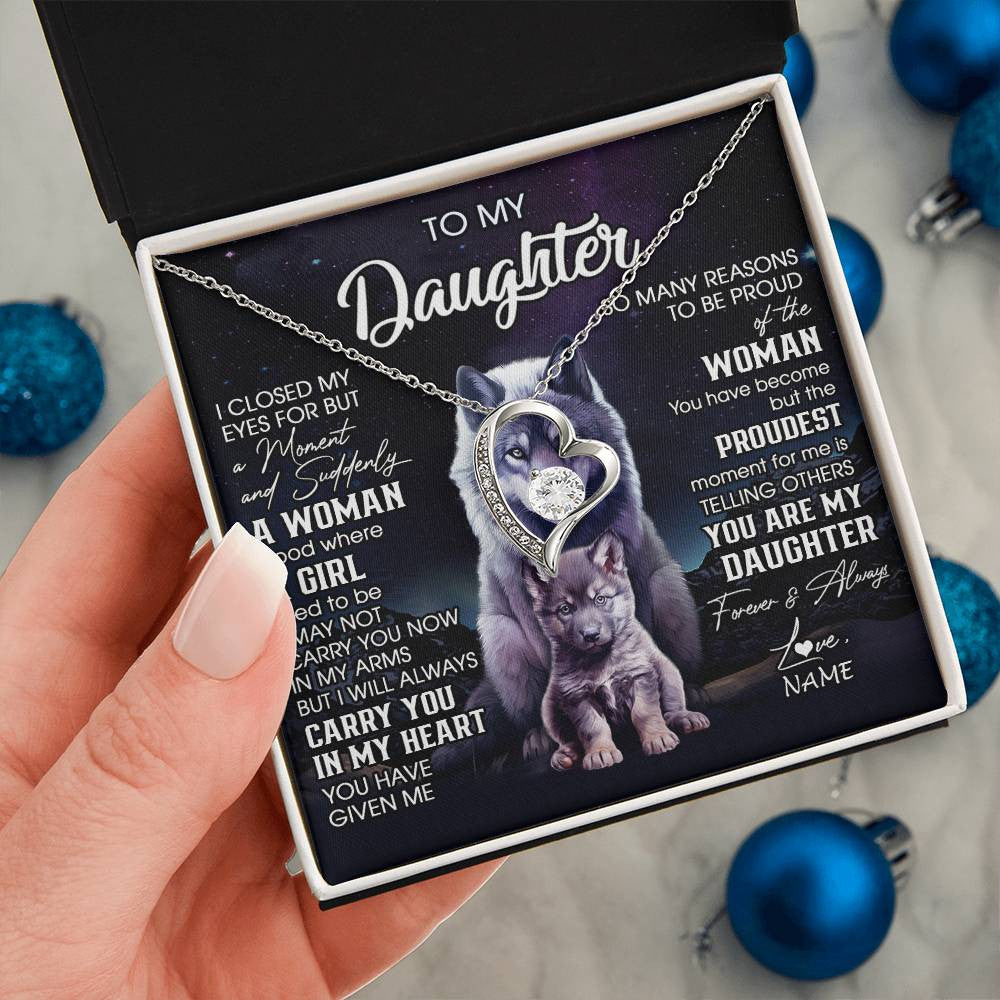 Forever Love Necklace 14K White Gold Finish | 2 | Personalized To My Daughter Necklace From Mom Dad Mother I Close My Eyes Wolf Daughter Birthday Gifts Graduation Christmas Customized Gift Box Message Card | siriusteestore