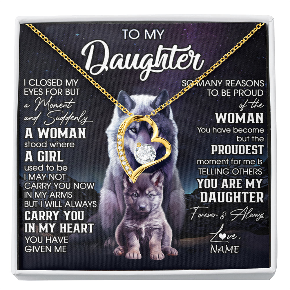 Forever Love Necklace 18K Yellow Gold Finish | 1 | Personalized To My Daughter Necklace From Mom Dad Mother I Close My Eyes Wolf Daughter Birthday Gifts Graduation Christmas Customized Gift Box Message Card | siriusteestore