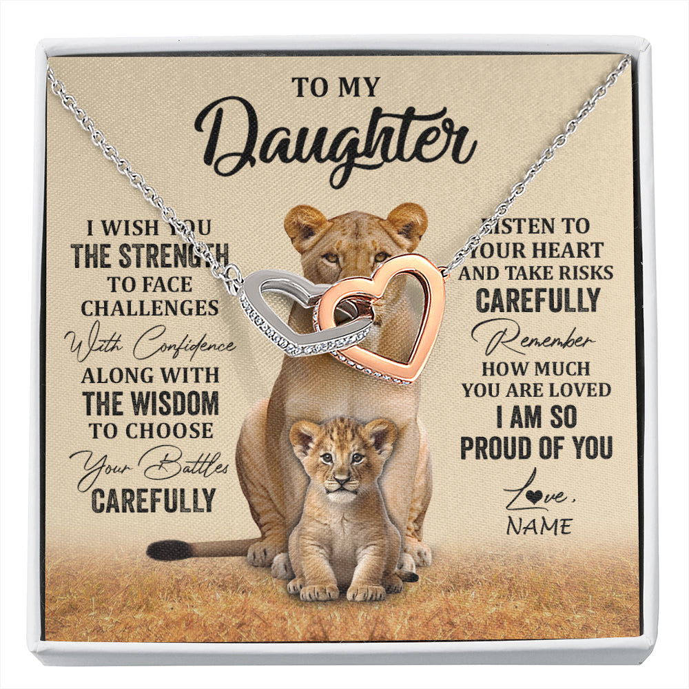 Interlocking Hearts Necklace Stainless Steel & Rose Gold Finish | 1 | Personalized To My Daughter Necklace From Mom Dad Mother I Wish You The Strength Lion Daughter Birthday Graduation Christmas Customized Gift Box Message Card | siriusteestore