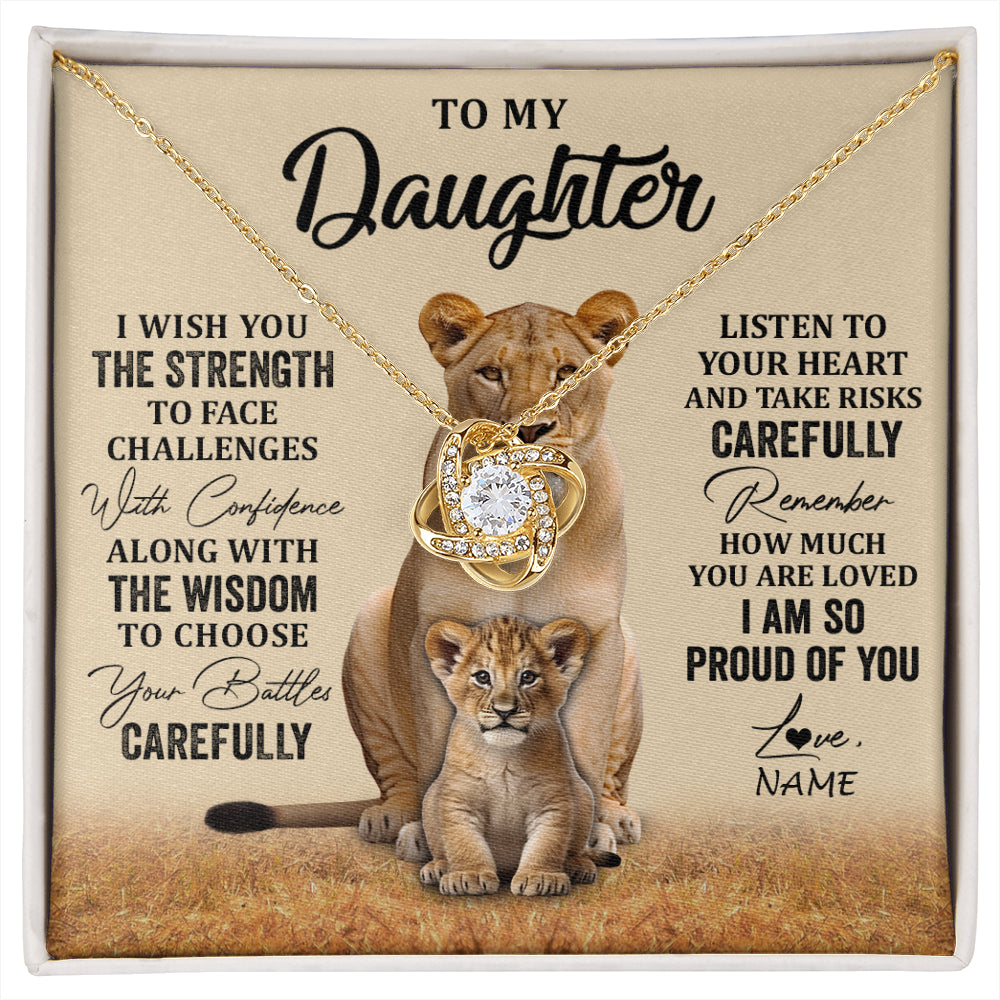 Love Knot Necklace 18K Yellow Gold Finish | 1 | Personalized To My Daughter Necklace From Mom Dad Mother I Wish You The Strength Lion Daughter Birthday Graduation Christmas Customized Gift Box Message Card | siriusteestore