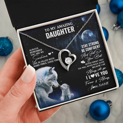 Forever Love Necklace 14K White Gold Finish | 2 | Personalized To My Daughter Necklace From Mom Dad Mother Moon Wolf Daughter Birthday Gifts Jewelry Graduation Christmas Customized Gift Box Message Card | siriusteestore