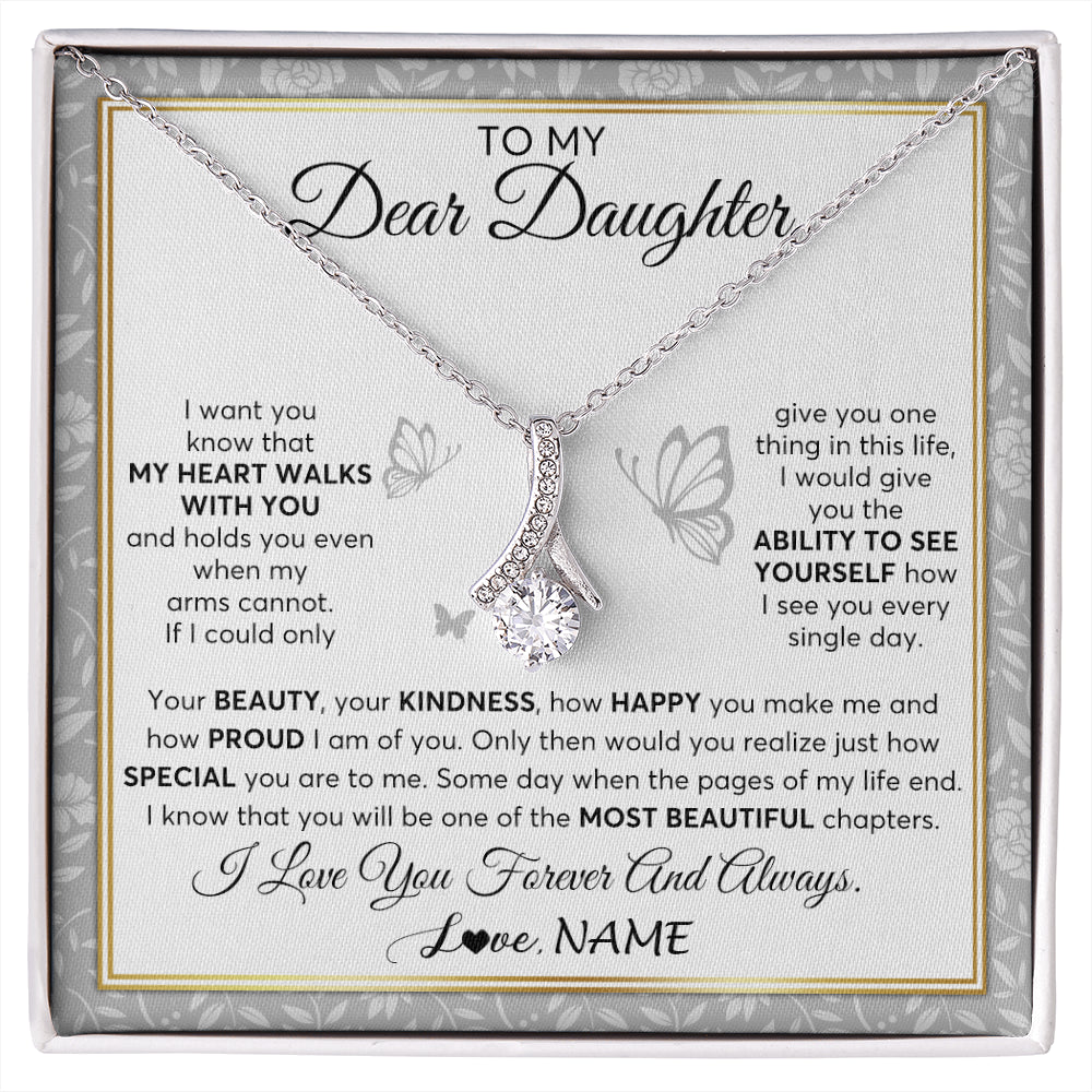 Alluring Beauty Necklace 14K White Gold Finish | 1 | Personalized To My Daughter Necklace From Mom Dad Mother My Heart Walks With You Daughter Birthday Gifts Jewelry Christmas Customized Gift Box Message Card | siriusteestore