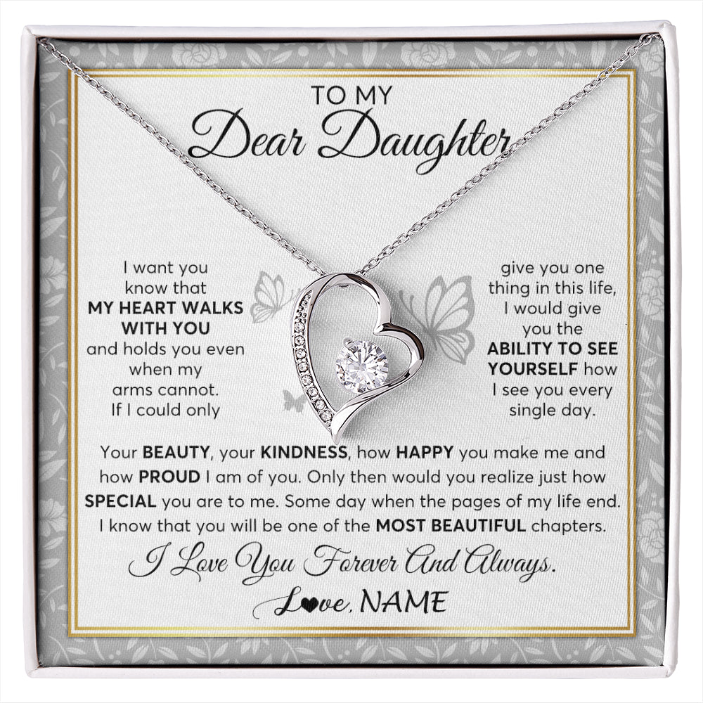 Forever Love Necklace 14K White Gold Finish | 1 | Personalized To My Daughter Necklace From Mom Dad Mother My Heart Walks With You Daughter Birthday Gifts Jewelry Christmas Customized Gift Box Message Card | siriusteestore
