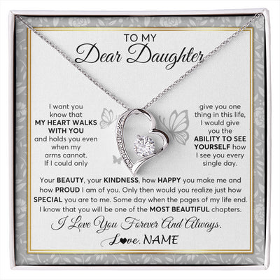 Forever Love Necklace 14K White Gold Finish | 1 | Personalized To My Daughter Necklace From Mom Dad Mother My Heart Walks With You Daughter Birthday Gifts Jewelry Christmas Customized Gift Box Message Card | siriusteestore