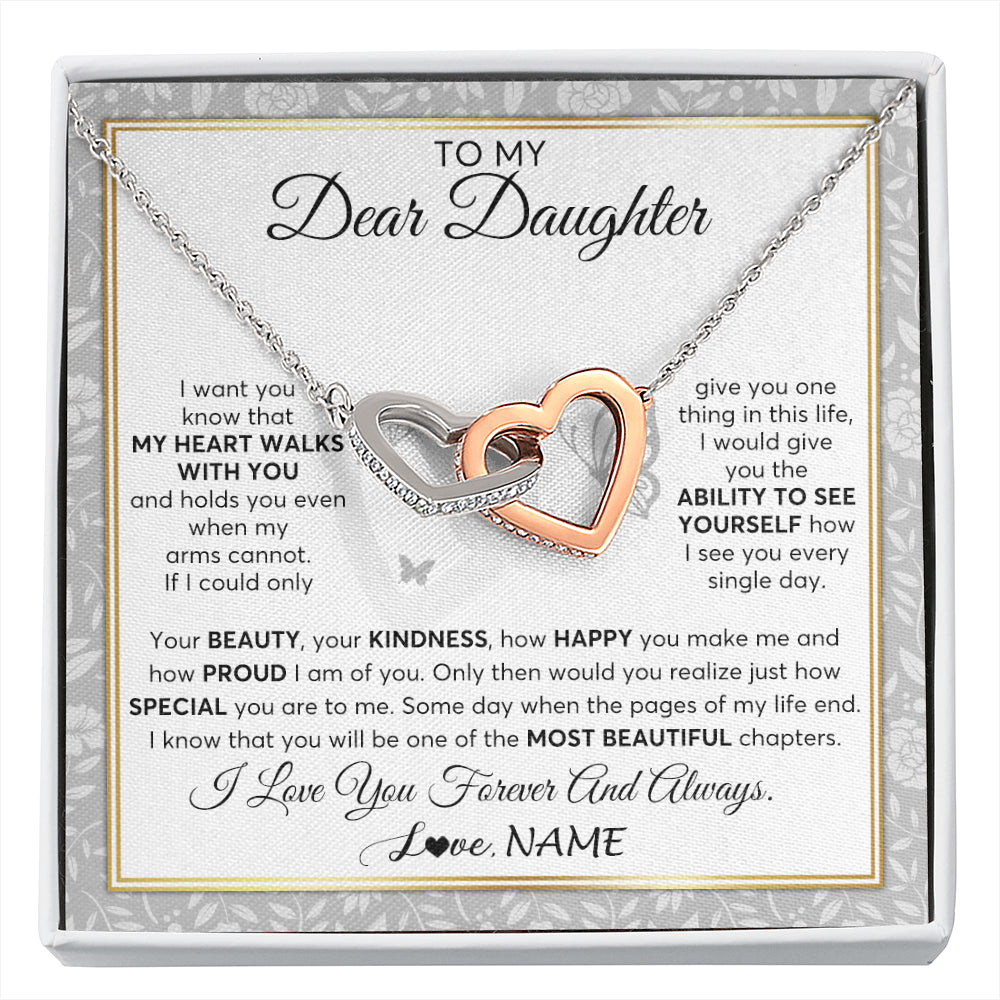 Interlocking Hearts Necklace Stainless Steel & Rose Gold Finish | 1 | Personalized To My Daughter Necklace From Mom Dad Mother My Heart Walks With You Daughter Birthday Gifts Jewelry Christmas Customized Gift Box Message Card | siriusteestore