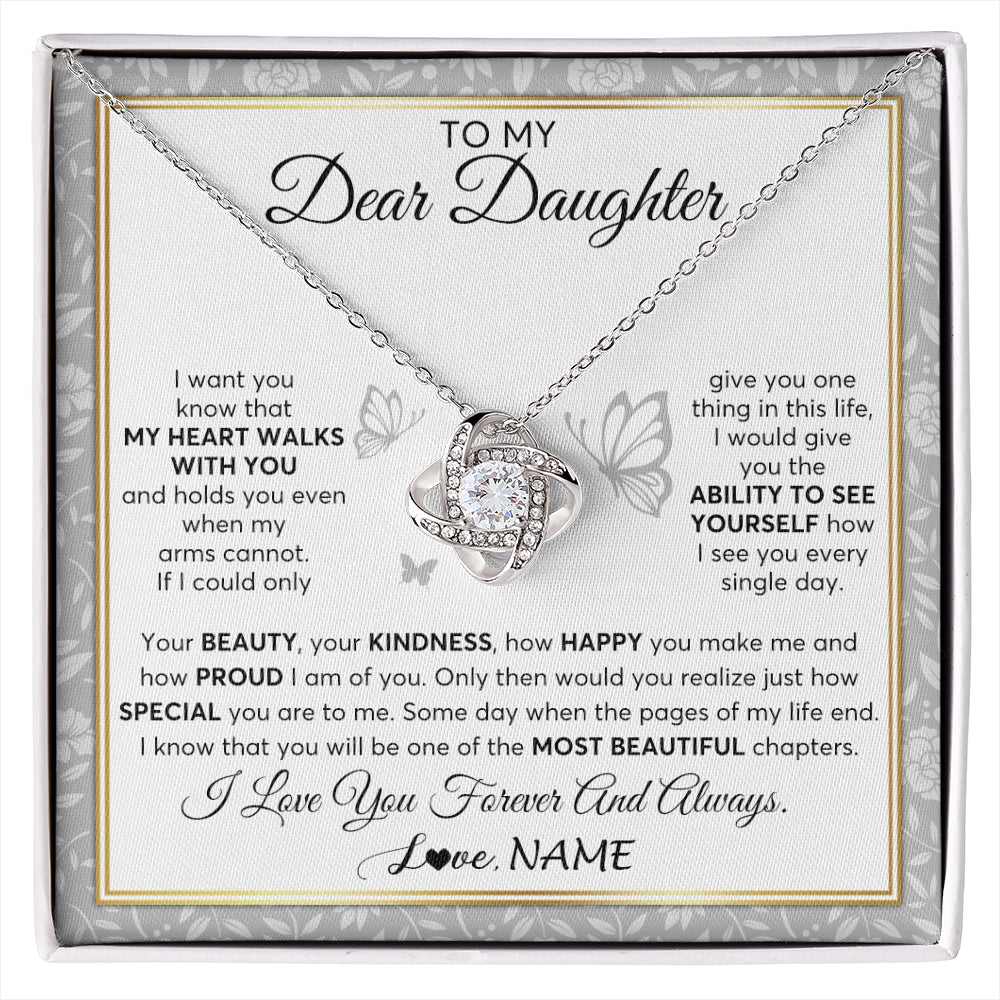 Love Knot Necklace 14K White Gold Finish | 1 | Personalized To My Daughter Necklace From Mom Dad Mother My Heart Walks With You Daughter Birthday Gifts Jewelry Christmas Customized Gift Box Message Card | siriusteestore