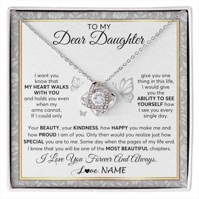 Love Knot Necklace 14K White Gold Finish | 1 | Personalized To My Daughter Necklace From Mom Dad Mother My Heart Walks With You Daughter Birthday Gifts Jewelry Christmas Customized Gift Box Message Card | siriusteestore
