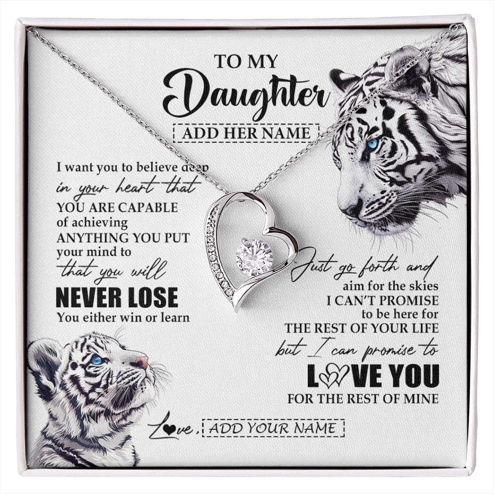 Forever Love Necklace 14K White Gold Finish | 1 | Personalized To My Daughter Necklace From Mom Dad Mother You Will Never Lose White Tiger Daughter Birthday Gifts Graduation Christmas Gift Box Message Card | siriusteestore