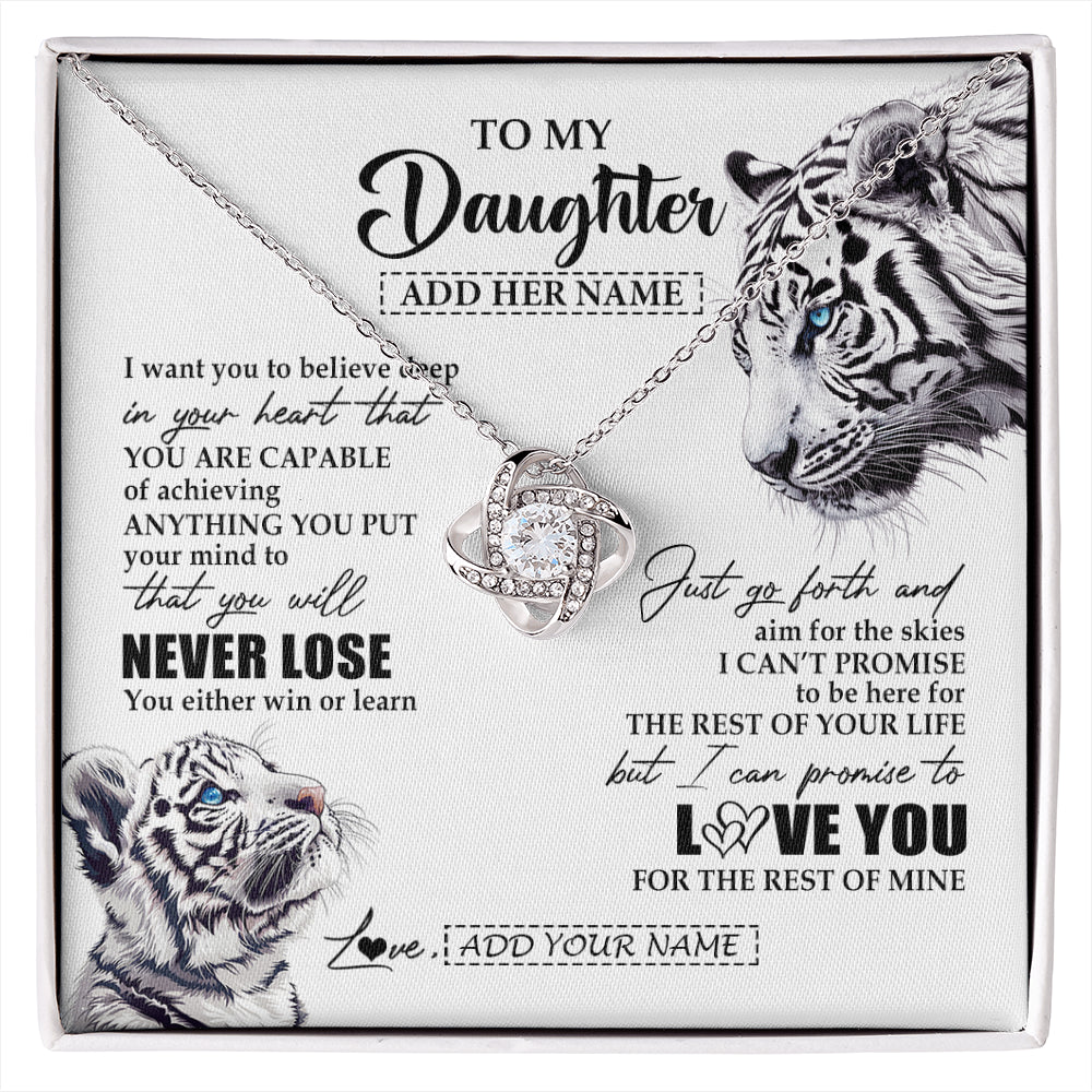 Love Knot Necklace 14K White Gold Finish | 1 | Personalized To My Daughter Necklace From Mom Dad Mother You Will Never Lose White Tiger Daughter Birthday Gifts Graduation Christmas Gift Box Message Card | siriusteestore