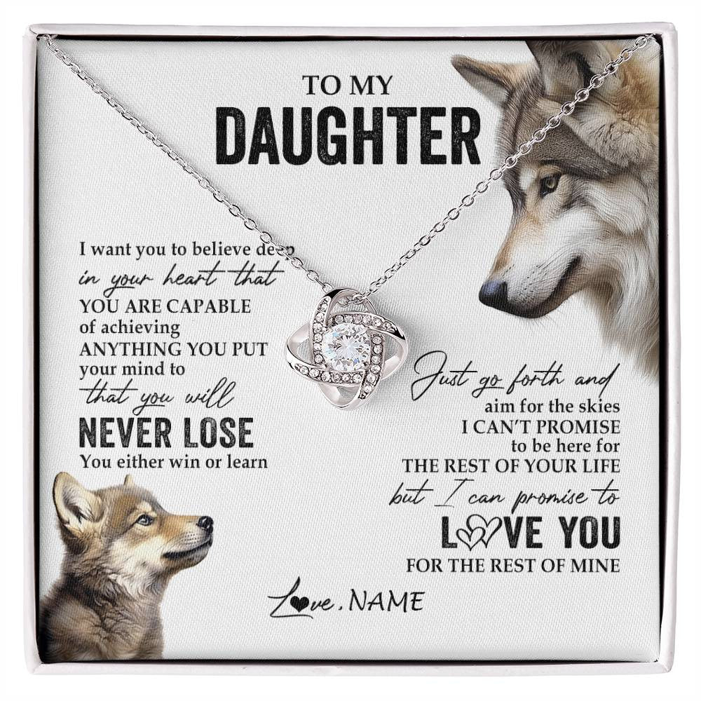 Love Knot Necklace 14K White Gold Finish | 1 | Personalized To My Daughter Necklace From Mom Dad Mother You Will Never Lose Wolf Daughter Birthday Graduation Christmas Customized Gift Box Message Card | siriusteestore