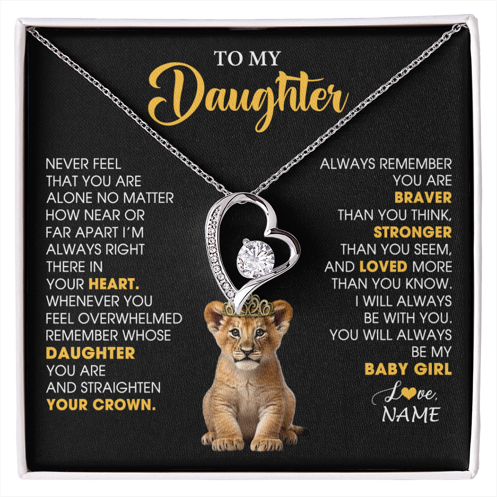 Forever Love Necklace 14K White Gold Finish | 1 | Personalized To My Daughter Necklace From Mom Dad Never Feel You Are Alone Lion Birthday Gift Daughter Valentine's Day Christmas Gift Box Message Card | siriusteestore