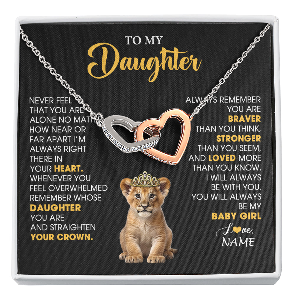 Interlocking Hearts Necklace Stainless Steel & Rose Gold Finish | 1 | Personalized To My Daughter Necklace From Mom Dad Never Feel You Are Alone Lion Birthday Gift Daughter Valentine's Day Christmas Gift Box Message Card | siriusteestore