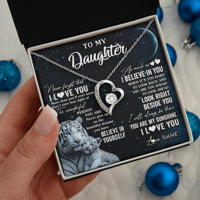 Forever Love Necklace 14K White Gold Finish | 2 | Personalized To My Daughter Necklace From Mom Dad Never Forget I Love You White Tiger Daughter Birthday Graduation Christmas Customized Gift Box Message Card | siriusteestore