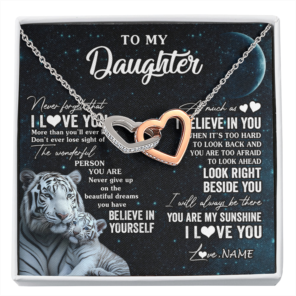 Interlocking Hearts Necklace Stainless Steel & Rose Gold Finish | 1 | Personalized To My Daughter Necklace From Mom Dad Never Forget I Love You White Tiger Daughter Birthday Graduation Christmas Customized Gift Box Message Card | siriusteestore