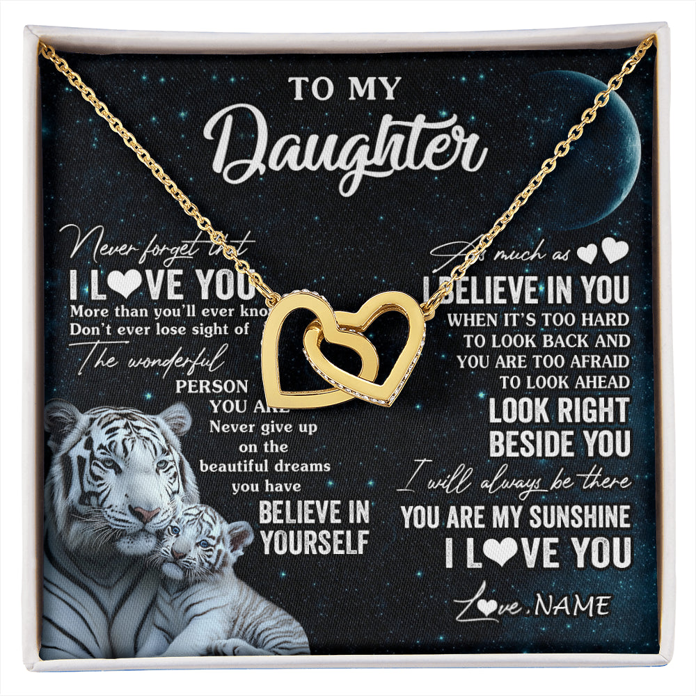 Interlocking Hearts Necklace 18K Yellow Gold Finish | 1 | Personalized To My Daughter Necklace From Mom Dad Never Forget I Love You White Tiger Daughter Birthday Graduation Christmas Customized Gift Box Message Card | siriusteestore