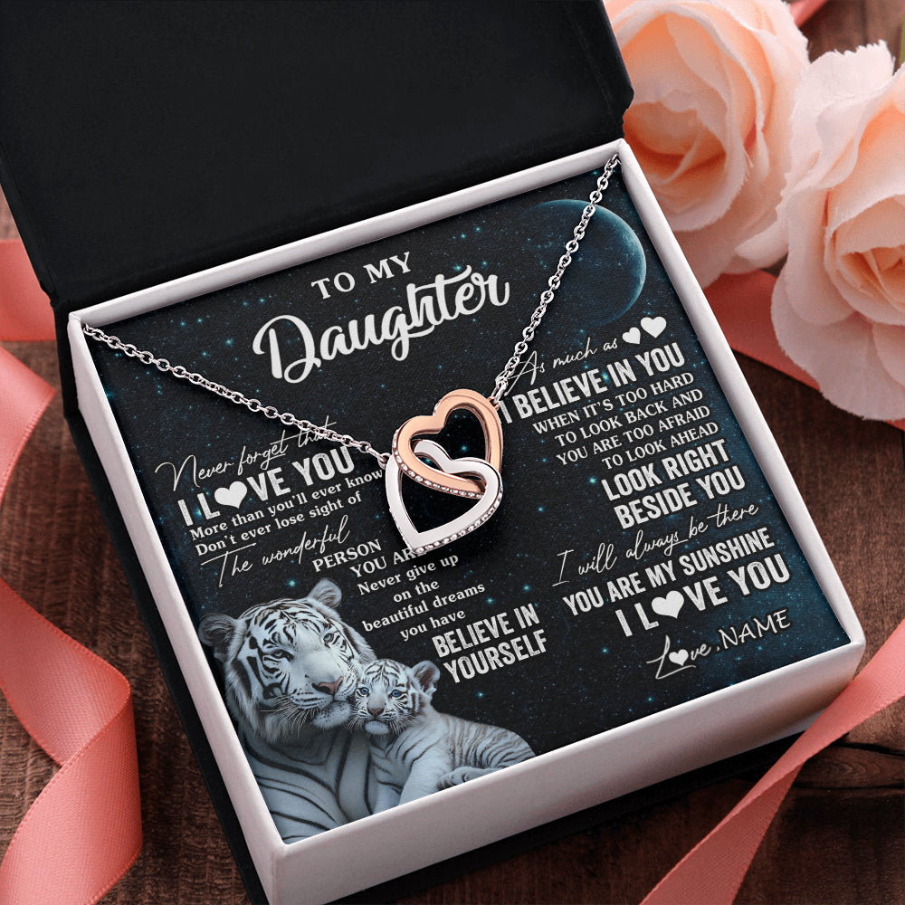 Interlocking Hearts Necklace Stainless Steel & Rose Gold Finish | 2 | Personalized To My Daughter Necklace From Mom Dad Never Forget I Love You White Tiger Daughter Birthday Graduation Christmas Customized Gift Box Message Card | siriusteestore