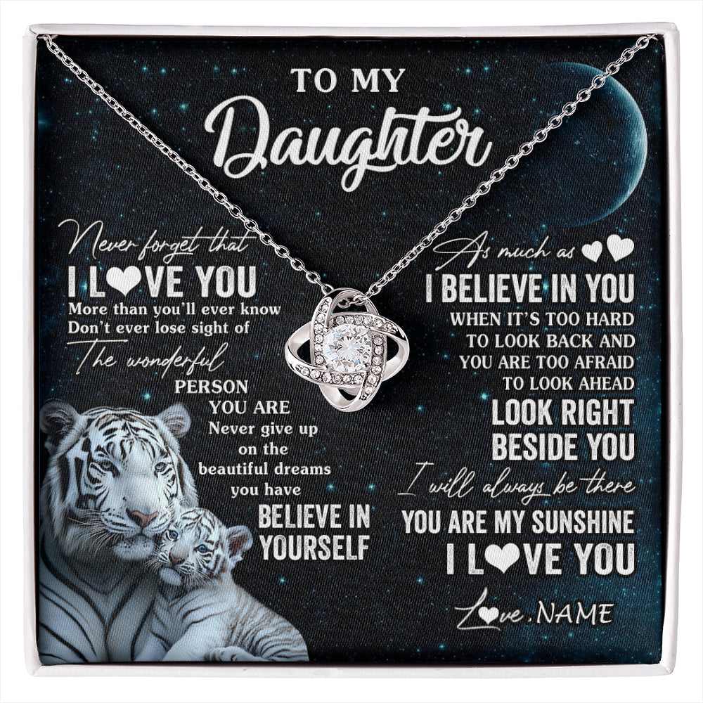 Love Knot Necklace 14K White Gold Finish | 1 | Personalized To My Daughter Necklace From Mom Dad Never Forget I Love You White Tiger Daughter Birthday Graduation Christmas Customized Gift Box Message Card | siriusteestore