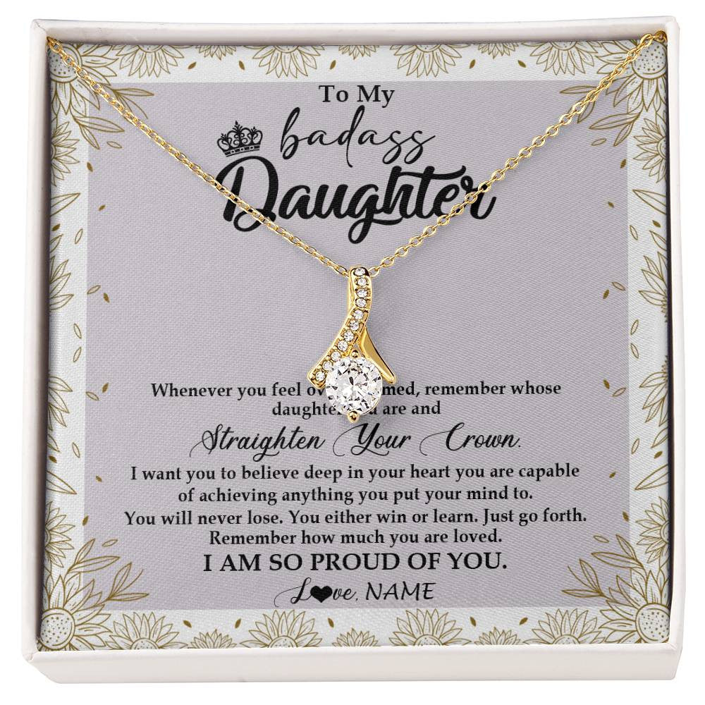 Alluring Beauty Necklace 18K Yellow Gold Finish | Personalized To My Daughter Necklace From Mom Dad Straighten Your Crown Daughter Birthday Christmas Graduation Jewelry Customized Gift Box Message Card | siriusteestore
