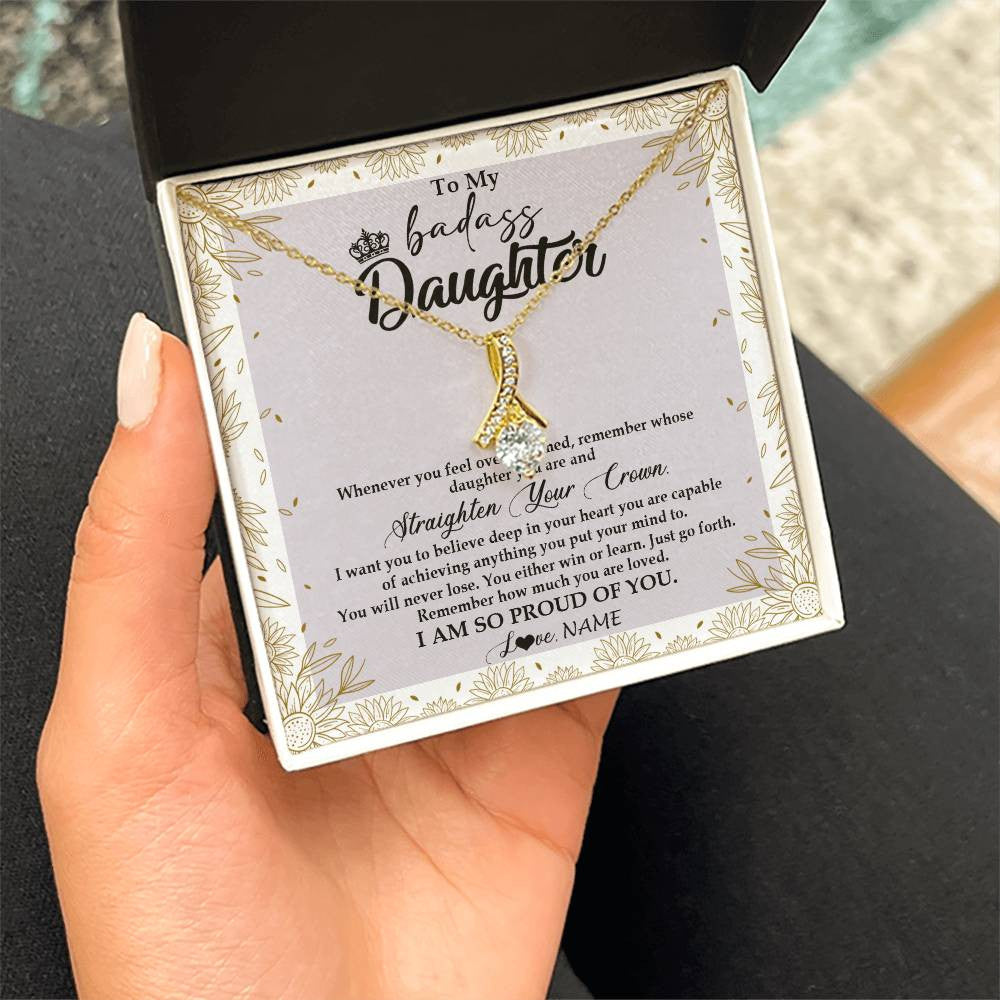 Alluring Beauty Necklace 18K Yellow Gold Finish | Personalized To My Daughter Necklace From Mom Dad Straighten Your Crown Daughter Birthday Christmas Graduation Jewelry Customized Gift Box Message Card | siriusteestore