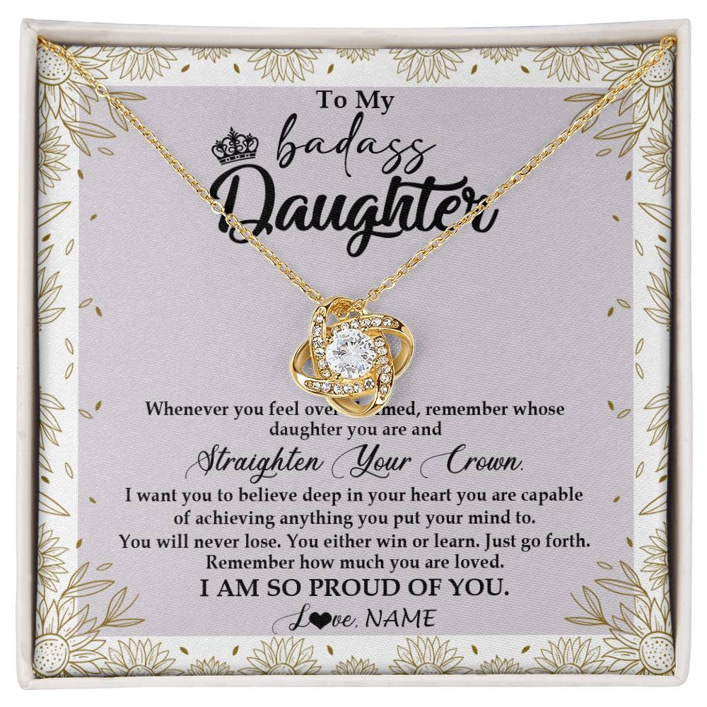 Love Knot Necklace 18K Yellow Gold Finish | Personalized To My Daughter Necklace From Mom Dad Straighten Your Crown Daughter Birthday Christmas Graduation Jewelry Customized Gift Box Message Card | siriusteestore