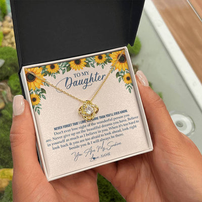 Love Knot Necklace 18K Yellow Gold Finish | Personalized To My Daughter Necklace From Mom Dad Sunflower You Are My Sunshine Daughter Jewelry Graduation Birthday Christmas Customized Gift Box Message Card | siriusteestore