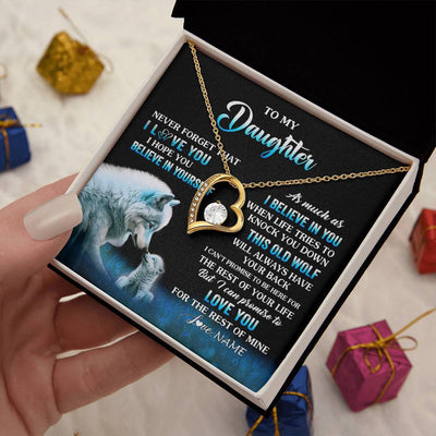 Forever Love Necklace 18K Yellow Gold Finish | 2 | Personalized To My Daughter Necklace From Mom Dad This Old Wolf Love Daughter Birthday Gifts Jewelry Graduation Christmas Customized Gift Box Message Card | siriusteestore