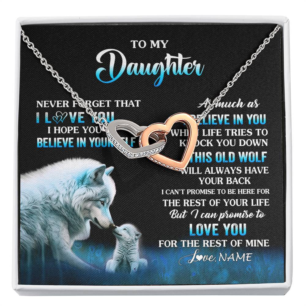 Interlocking Hearts Necklace Stainless Steel & Rose Gold Finish | 1 | Personalized To My Daughter Necklace From Mom Dad This Old Wolf Love Daughter Birthday Gifts Jewelry Graduation Christmas Customized Gift Box Message Card | siriusteestore