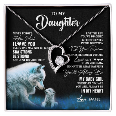 Forever Love Necklace 14K White Gold Finish | 1 | Personalized To My Daughter Necklace From Mom Dad Wolf Never Forget How Much I Love You Daughter Birthday Gifts Christmas Customized Gift Box Message Card | siriusteestore