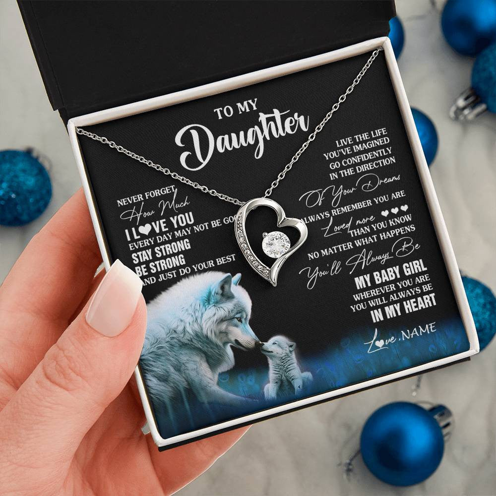 Forever Love Necklace 14K White Gold Finish | 2 | Personalized To My Daughter Necklace From Mom Dad Wolf Never Forget How Much I Love You Daughter Birthday Gifts Christmas Customized Gift Box Message Card | siriusteestore