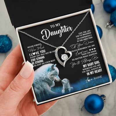 Forever Love Necklace 14K White Gold Finish | 2 | Personalized To My Daughter Necklace From Mom Dad Wolf Never Forget How Much I Love You Daughter Birthday Gifts Christmas Customized Gift Box Message Card | siriusteestore