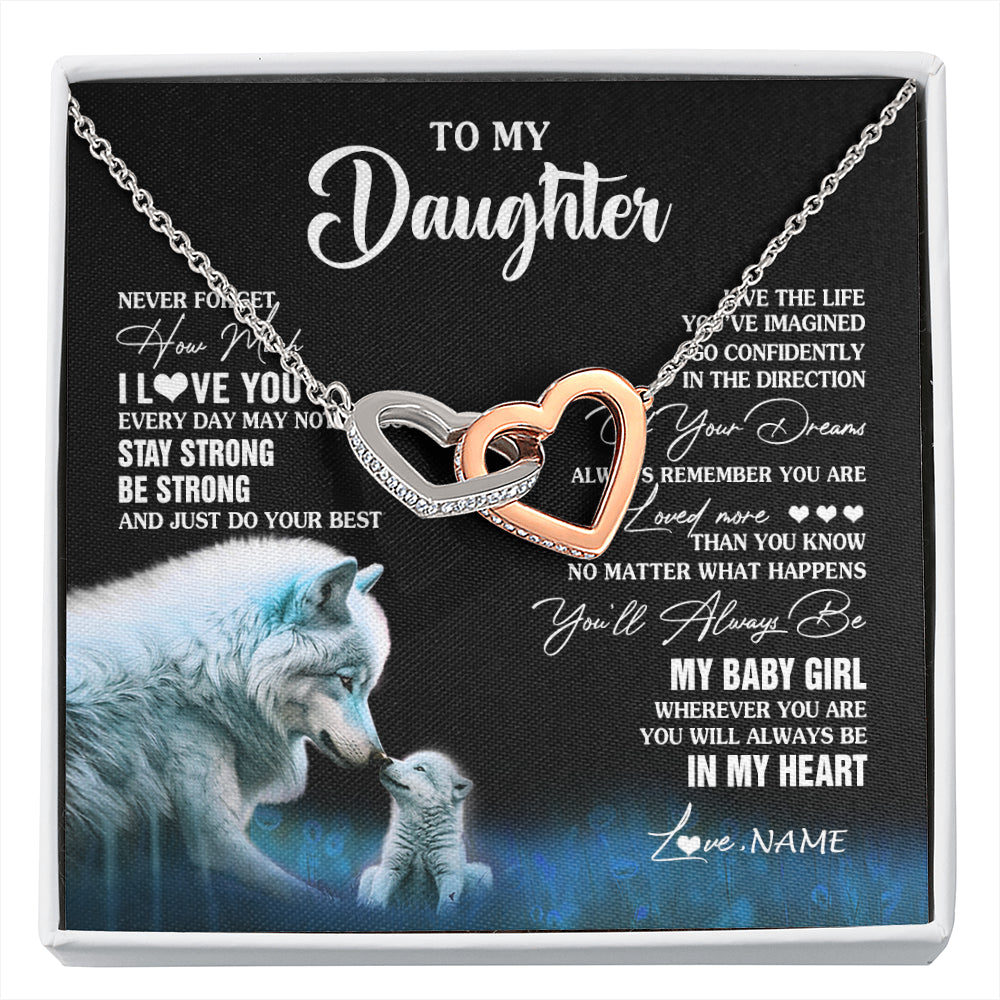 Interlocking Hearts Necklace Stainless Steel & Rose Gold Finish | 1 | Personalized To My Daughter Necklace From Mom Dad Wolf Never Forget How Much I Love You Daughter Birthday Gifts Christmas Customized Gift Box Message Card | siriusteestore