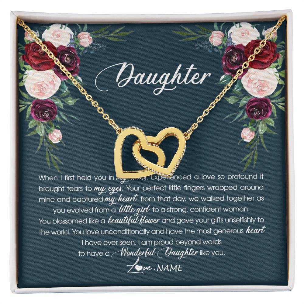 Interlocking Hearts Necklace 18K Yellow Gold Finish | 1 | Personalized To My Daughter Necklace From Mom Dad Wonderful Daughter Like You Daughter Birthday Graduation Christmas Jewelry Customized Gift Box Message Card | siriusteestore