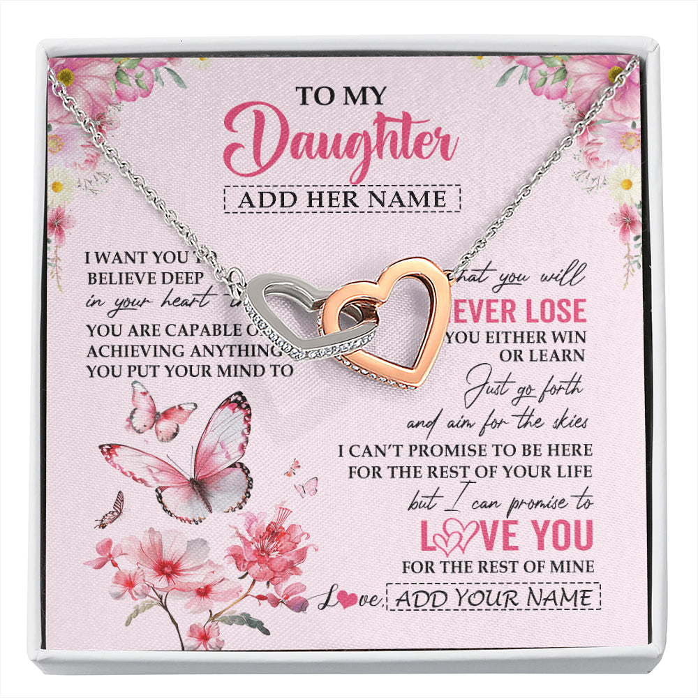 Interlocking Hearts Necklace Stainless Steel & Rose Gold Finish | 1 | Personalized To My Daughter Necklace From Mom Dad You Will Never Lose Butterfly Daughter Birthday Gifts Graduation Christmas Customized Gift Box Message Card | siriusteestore