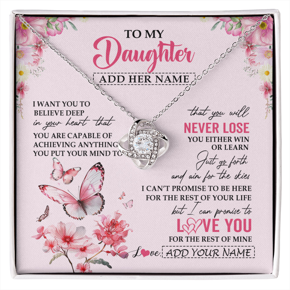 Love Knot Necklace 14K White Gold Finish | 1 | Personalized To My Daughter Necklace From Mom Dad You Will Never Lose Butterfly Daughter Birthday Gifts Graduation Christmas Customized Gift Box Message Card | siriusteestore