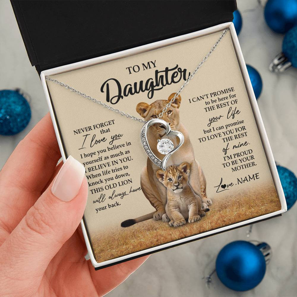 Forever Love Necklace 14K White Gold Finish | 2 | Personalized To My Daughter Necklace From Mom Mother Lion Never Forget That I Love You Daughter Jewelry Birthday Graduation Christmas Customized Message Card | siriusteestore