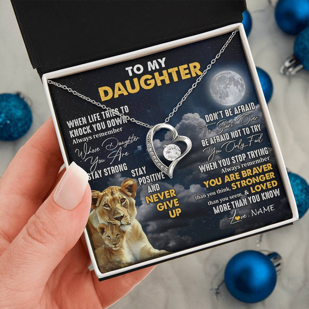 Forever Love Necklace 14K White Gold Finish | 2 | Personalized To My Daughter Necklace From Mom Mother Lion Never Give Up Daughter Birthday Graduation Jewelry Christmas Customized Gift Box Message Card | siriusteestore