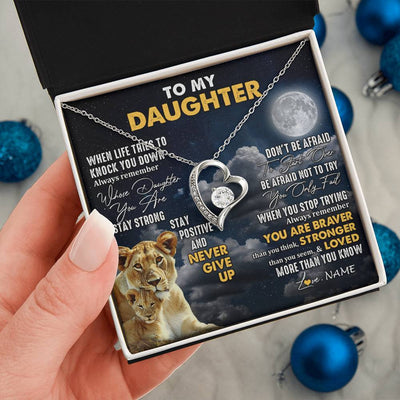 Forever Love Necklace 14K White Gold Finish | 2 | Personalized To My Daughter Necklace From Mom Mother Lion Never Give Up Daughter Birthday Graduation Jewelry Christmas Customized Gift Box Message Card | siriusteestore