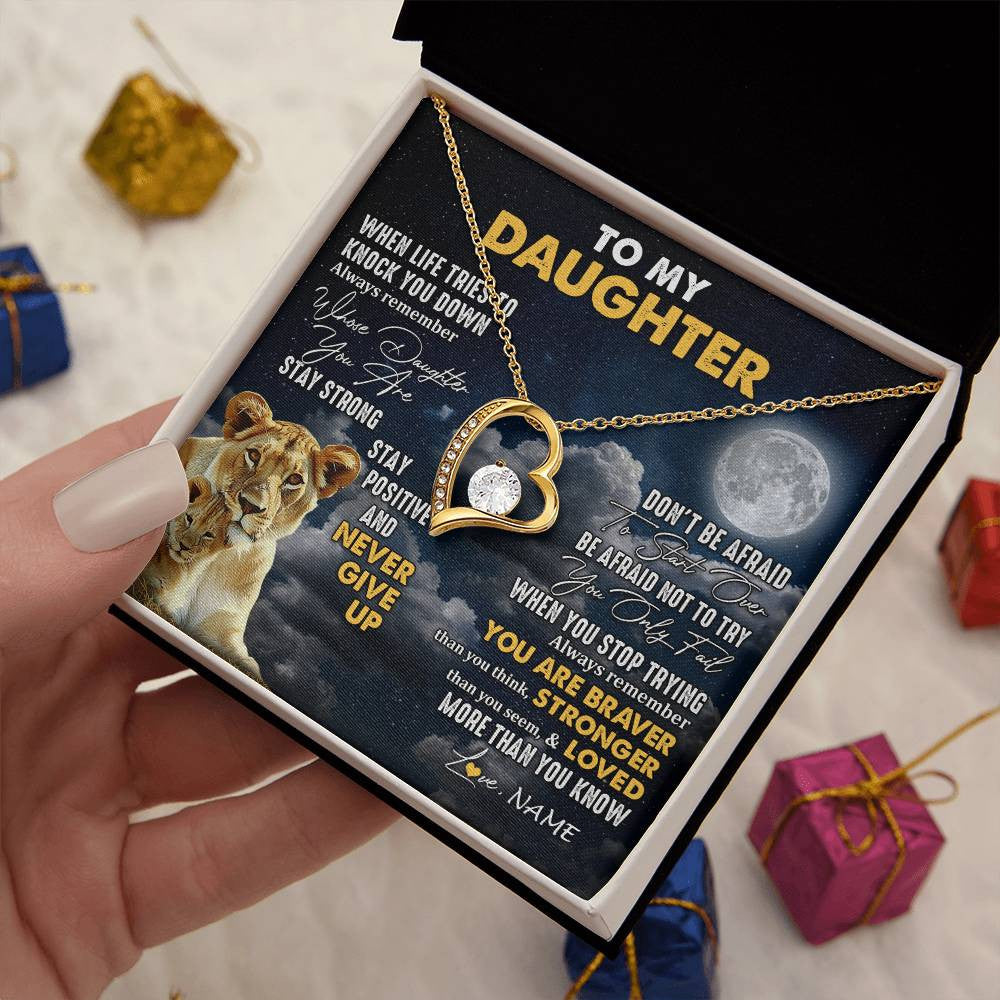 Forever Love Necklace 18K Yellow Gold Finish | 2 | Personalized To My Daughter Necklace From Mom Mother Lion Never Give Up Daughter Birthday Graduation Jewelry Christmas Customized Gift Box Message Card | siriusteestore