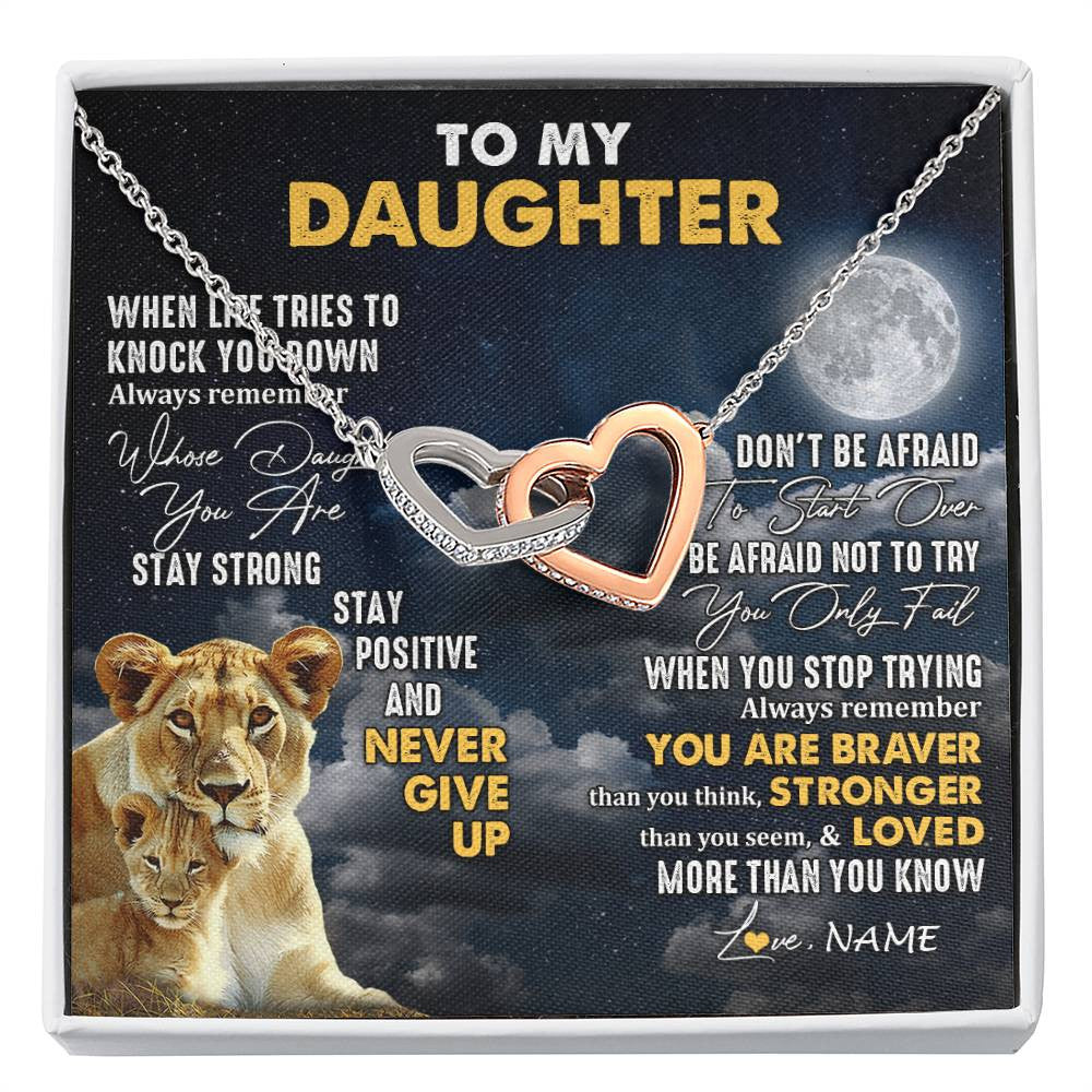 Interlocking Hearts Necklace Stainless Steel & Rose Gold Finish | 1 | Personalized To My Daughter Necklace From Mom Mother Lion Never Give Up Daughter Birthday Graduation Jewelry Christmas Customized Gift Box Message Card | siriusteestore