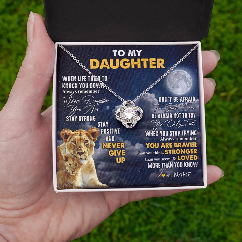 Love Knot Necklace 14K White Gold Finish | 2 | Personalized To My Daughter Necklace From Mom Mother Lion Never Give Up Daughter Birthday Graduation Jewelry Christmas Customized Gift Box Message Card | siriusteestore