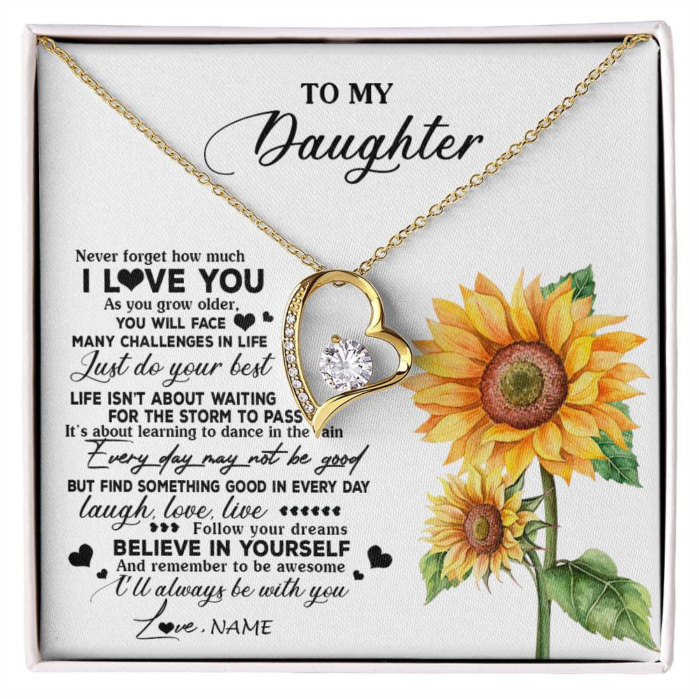 Forever Love Necklace 18K Yellow Gold Finish | 1 | Personalized To My Daughter Necklace From Mom Mother Sunflower Wood Laugh Love Live Daughter Birthday Graduation Christmas Customized Gift Box Message Card | siriusteestore