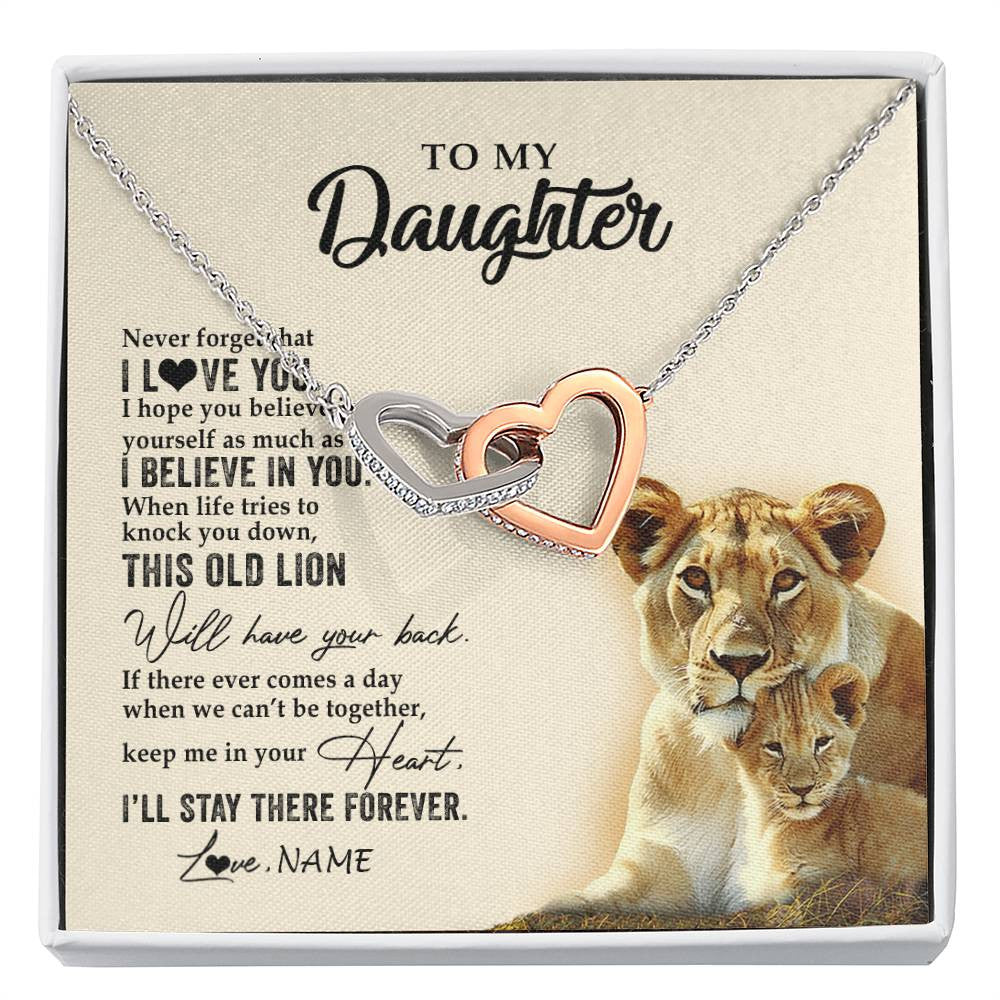 Interlocking Hearts Necklace Stainless Steel & Rose Gold Finish | 1 | Personalized To My Daughter Necklace From Mom Mother This Old Lion Never Forget I Love You Daughter Jewelry Birthday Christmas Customized Gift Box Message Card | siriusteestore