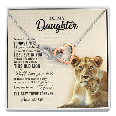 Interlocking Hearts Necklace Stainless Steel & Rose Gold Finish | 1 | Personalized To My Daughter Necklace From Mom Mother This Old Lion Never Forget I Love You Daughter Jewelry Birthday Christmas Customized Gift Box Message Card | siriusteestore