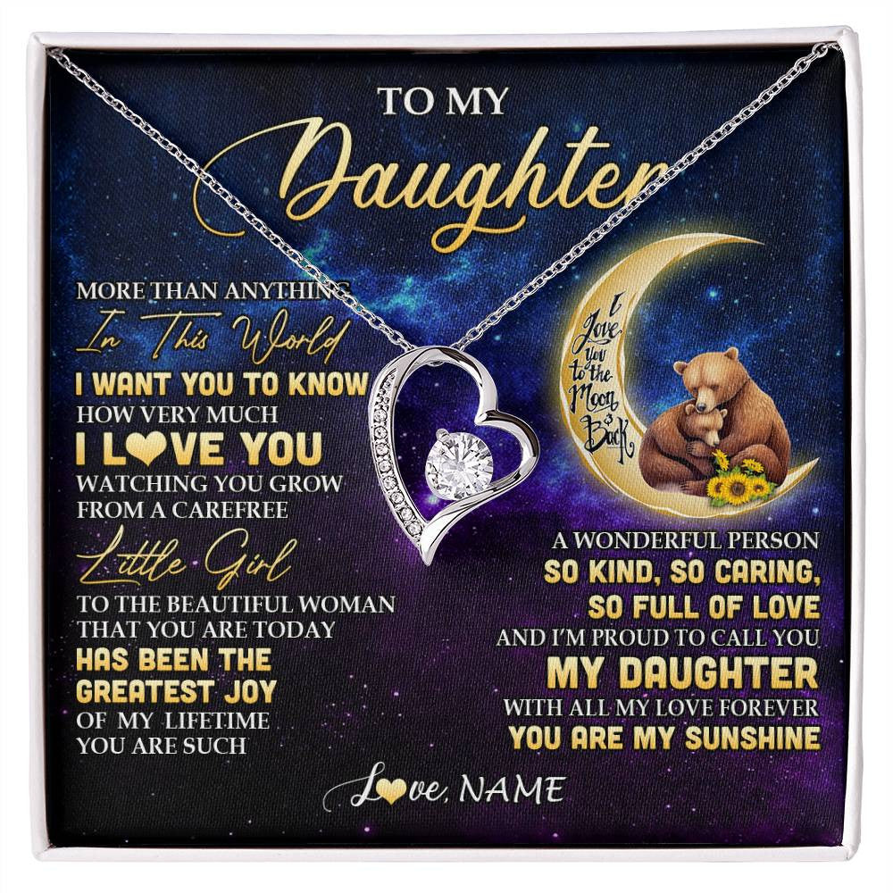 Forever Love Necklace 14K White Gold Finish | 1 | Personalized To My Daughter Necklace From Mom Positive Energy Encourage Brave Little Bear Daughter Birthday Gifts Christmas Customized Gift Box Message Card | siriusteestore