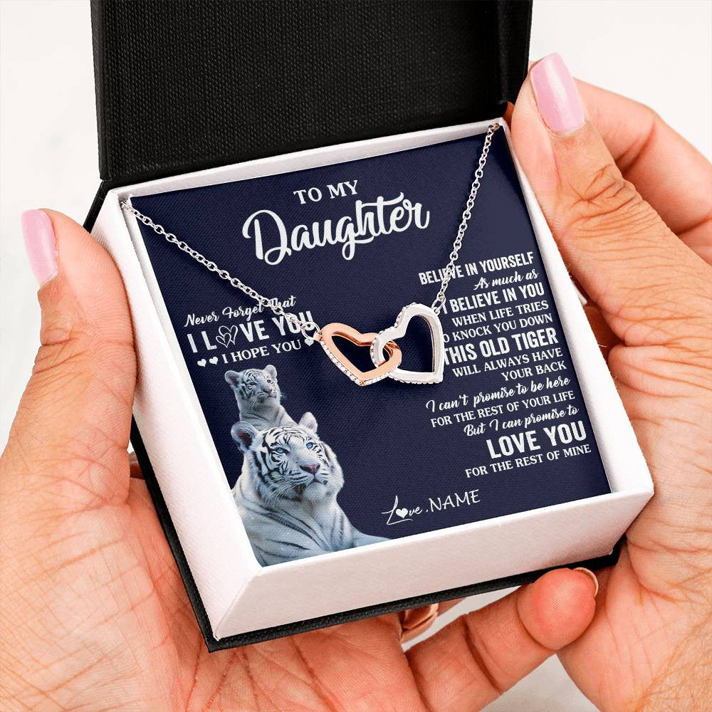 Interlocking Hearts Necklace Stainless Steel & Rose Gold Finish | 2 | Personalized To My Daughter Necklace Gift From Mom Dad Mother This Old Tiger Love You Daughter Birthday Graduation Christmas Customized Gift Box Message Card | siriusteestore