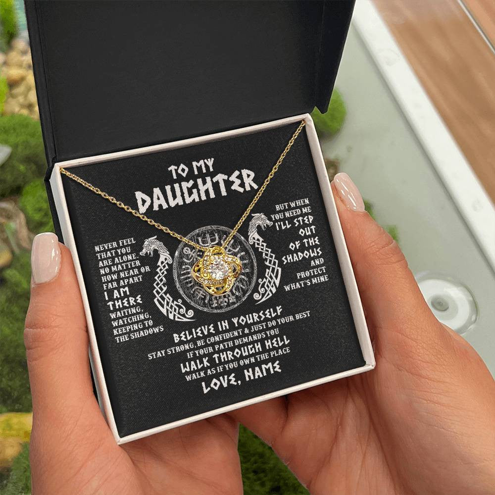 Love Knot Necklace 18K Yellow Gold Finish | 2 | Personalized To My Daughter Necklace Viking Never Feel You Are Alone Odin Scandinavian Norse Runes Daughter Birthday Christmas Customized Gift Box Message Card | siriusteestore