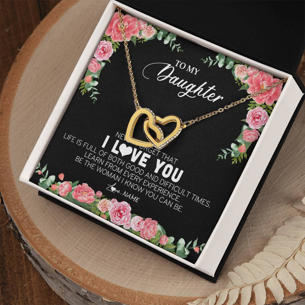 Interlocking Hearts Necklace 18K Yellow Gold Finish | Personalized To My Daughter Necklace from Dad Father Never Forget I Love You Floral Jewelry for Daughter Birthday Graduation Christmas Customized Message Card | siriusteestore