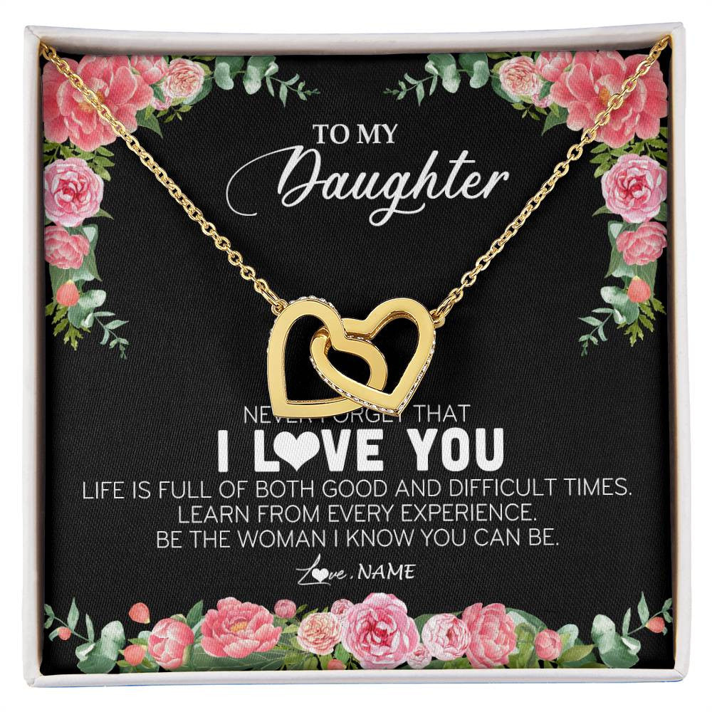 Interlocking Hearts Necklace 18K Yellow Gold Finish | Personalized To My Daughter Necklace from Dad Father Never Forget I Love You Floral Jewelry for Daughter Birthday Graduation Christmas Customized Message Card | siriusteestore